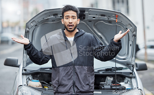 Image of Car, crisis and portrait of confused man with breakdown, stress or panic with wtf hands in a city. Vehicle, fail and face of Japanese male driver surprised by accident, emergency or engine problem