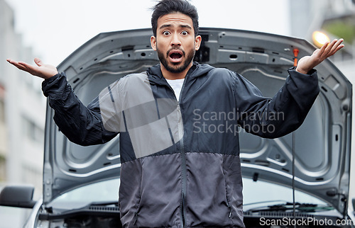 Image of Car, fail and portrait of confused man with breakdown, stress or panic with wtf hands in a city. Vehicle, emergency and face of Japanese male driver surprised by accident, crisis or engine problem