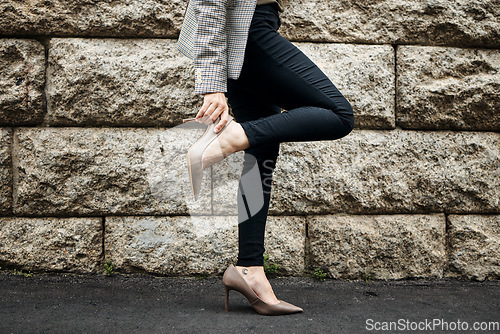 Image of Outdoor, heels fix and business woman on road with shoes and job fashion on work commute. City travel, female professional and walking on a urban pavement, street and sidewalk with legs and hands