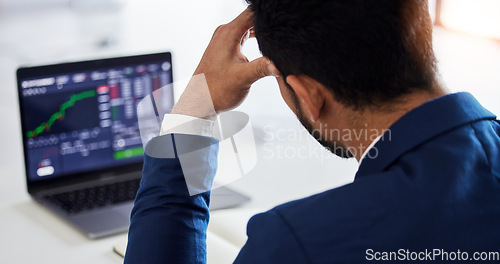 Image of Closeup, anxiety and laptop with man and stock market crash for finance, sad and investment. Failure, inflation and stress with male employee for accounting risk, data analytics and trading crisis