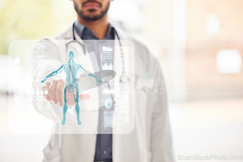 Image of Doctor, man and analytics, hologram and skeleton, overlay and graphs with healthcare information. Mockup space, human anatomy and x ray with infographic, male person in medicine and health with 3D