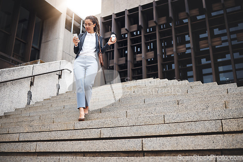 Image of Business woman, job stairs and phone with work commute, coffee and worker in city. Urban town, female lawyer and steps to company with mobile networking and professional in morning with employee walk
