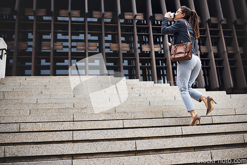Image of Business woman, stairs and coffee break in city with work commute, drinking and worker. Urban town, female lawyer back and steps to company with travel and professional in morning with employee