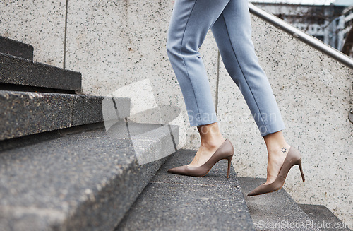 Image of Walking, stairs and shoes of business woman for morning commute, journey and travel in city. Professional, future goals and closeup of female person for career success, work and job progress in town