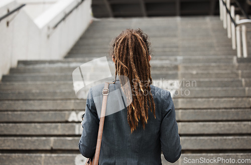 Image of Business, city and back of woman on stairs with ambition on morning commute, journey and travel. Professional growth, thinking and female person by steps for career progress, work and future in town