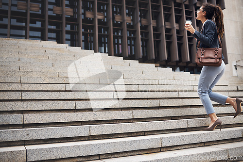 Image of Business woman, stairs and coffee break with commute and work in city for job growth. Urban, lawyer and company steps with progress and future success in morning with employee and mockup space