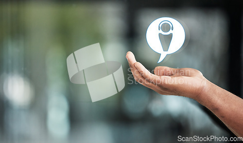 Image of Hand, icon and call center app with mockup space in an office for customer service or support. App, contact or banner with a crm logo in a palm of an adult for consulting, communication or assistance