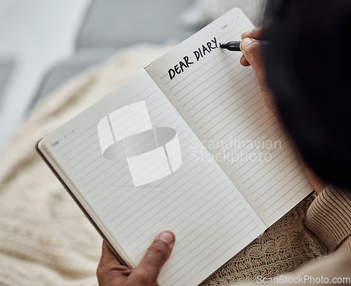 Image of Reflection, writing and a person with a notebook in bed for planning, notes or relax in the morning. Above, paper and hands of people with a book for creativity, thoughts and journaling for an idea