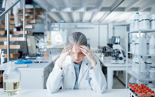 Image of Fail, mistake and scientist with stress in a laboratory due to research crisis worried, anxiety and frustrated by results. Headache, burnout and tired professional with a medical error in a lab