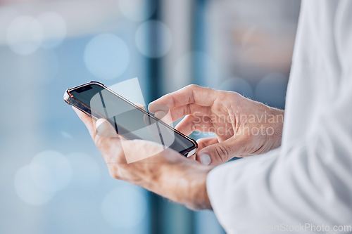Image of Person, doctor and hands with phone for communication, healthcare or Telehealth at hospital. Closeup of medical professional or nurse on mobile smartphone app for networking or social media at clinic