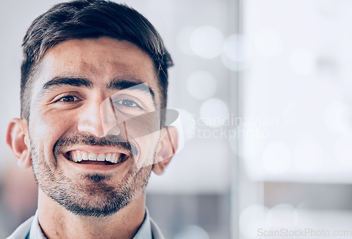 Image of Face, happy doctor and man in hospital for healthcare with bokeh, mockup space and wellness career. Portrait, medical professional and excited worker, employee or expert surgeon from Spain with smile