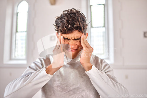 Image of Stress, fencing and sports with man and headache for pain, thinking and migraine. Mental health, frustrated and challenge with male athlete at tournament for anxiety, training and sick problem