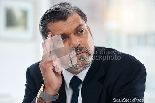 Image of Man, thinking and stress in office with doubt, questions and fear of future business problem. Face of corporate manager, CEO and boss with brain fog of memory, remember bankruptcy risk and depression