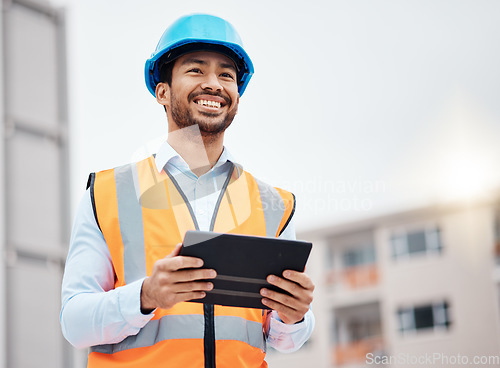 Image of Construction worker, tablet and man builder with research and digital data for building installation. Thinking, engineer and male contractor with app and industrial project with tech and online plan