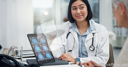 Image of Tablet, brain x ray and patient with doctor, medical results and consultation with advice on health diagnosis. Neurology, anatomy and radiology, women talking in office about surgery and healthcare