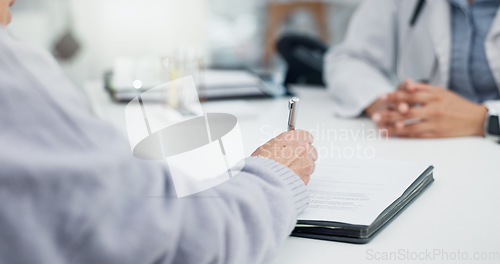 Image of Medical paperwork, health insurance and hands, signature and patient with doctor in office. Healthcare, policy documents and compliance, people at hospital with consent form for surgery and contract