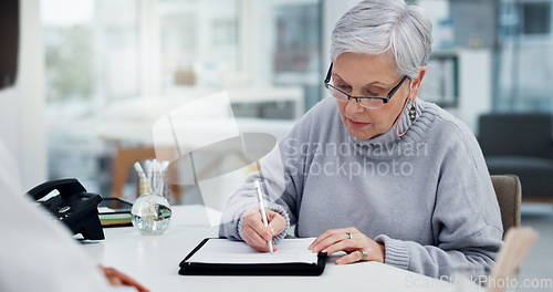 Image of Medical paperwork, health insurance and old woman, signature and patient with doctor in office. Healthcare, policy documents and compliance, people at hospital with consent form for surgery and help