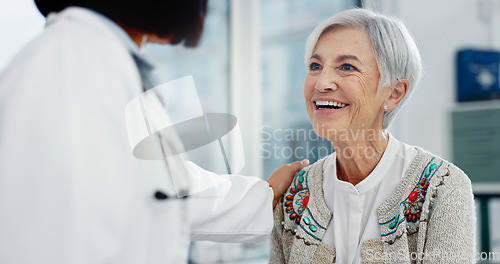 Image of Senior support, talking and woman with a doctor for healthcare advice, consultation and results. Smile, hospital and an elderly patient with a clinic worker and care for a surgery discussion