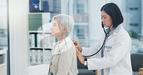 Image of Elderly woman, doctor and stethoscope on back to listen to lungs for breathing problem. Senior, medical professional and person with cardiology tools for exam, consultation and healthcare in hospital