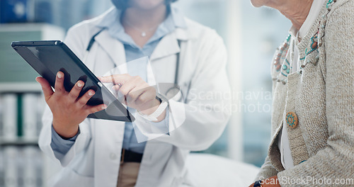 Image of Tablet, doctor hands and people for healthcare information, test results and support or helping. Typing, search and medical professional with patient charts on digital technology for clinic services