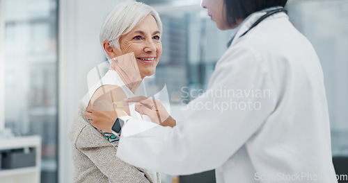 Image of Medical, blood pressure or checkup with a doctor and patient in the hospital for a health appointment. Healthcare, insurance and consulting with a woman medicine professional and senior in a clinic