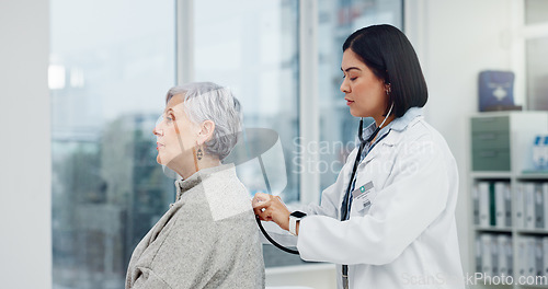 Image of Senior woman, doctor and stethoscope on back to listen to lungs for breathing problem. Elderly, medical professional and person with cardiology tools for exam, consultation or healthcare in hospital