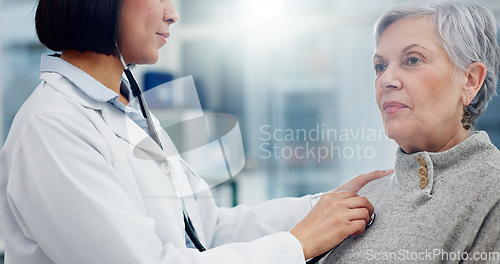 Image of Senior woman, breathe and doctor, stethoscope and cardiology exam, healthcare service and support or check. Heart, listening and medical professional, people or elderly patient in clinic consultation