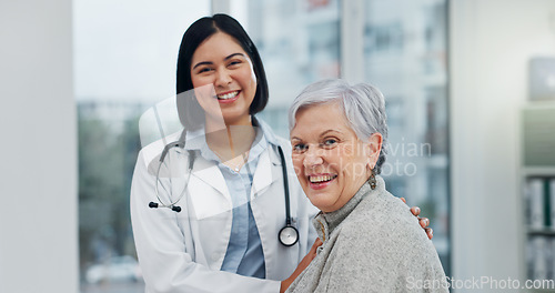 Image of Face, doctor and old woman with a smile, elderly patient and consultation with checkup, appointment and happiness. Portrait, medical professional or mature client with healthcare, wellness or results