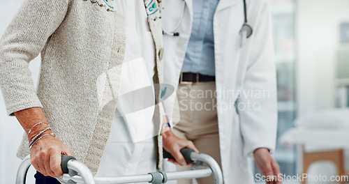 Image of Hands, doctor and senior woman in walking frame of healthcare service, muscle support or rehabilitation. Nurse, medical physiotherapy and elderly patient with disability, Parkinson and clinic helping
