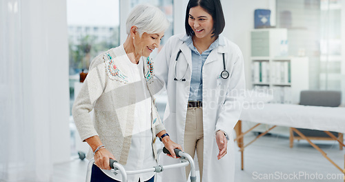 Image of Support, doctor and senior woman in walking frame for healthcare service, muscle health or rehabilitation. Nurse, medical physiotherapy of elderly patient with disability, Parkinson or clinic helping