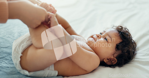 Image of Relax, love and mother with baby on bed for playful, happy and free time. Happiness, care and health with woman and newborn infant in bedroom for family home for support, excited and youth