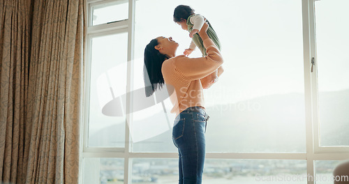 Image of Love, happy and mother with baby in bedroom for playful, relax and free time. Happiness, smile and health with woman and newborn infant in family home apartment for support, excited and youth
