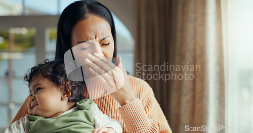 Image of Family, yawn and tired mother with baby for bonding, quality time and relaxing together at home. New born, motherhood and exhausted mom carry young infant for care, support and affection in bedroom