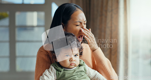 Image of Family, yawn and tired mother with baby for bonding, quality time and relaxing together at home. New born, motherhood and exhausted mom carry young infant for care, support and affection in bedroom