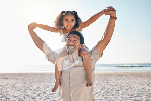 Image of Airplane, love and father with girl at beach for travel, freedom or happy family vacation in summer with fun. Flying, care and man parent with kid at sea for piggyback, games or traveling in Cancun