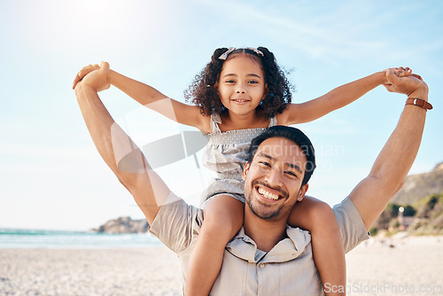 Image of Airplane, portrait and father with girl at beach for travel, freedom or summer family vacation together with fun. Flying, love and man parent with kid at sea for piggyback, games or happy Cancun trip