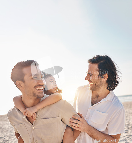 Image of Funny, piggyback and lgbt family at beach for love, care and a vacation in summer. Smile, interracial and gay parents laughing with child at sea during a holiday for bonding, travel or mockup space