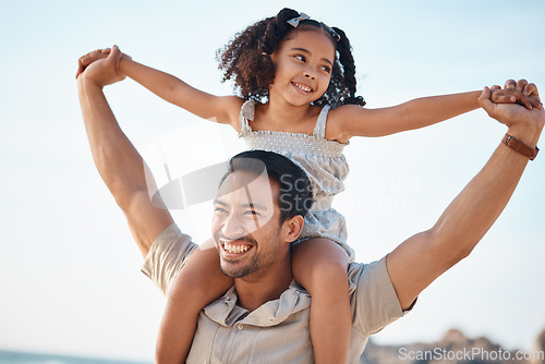 Image of Airplane, smile and father with girl at beach for travel, freedom or happy family vacation in summer. Flying, love and excited parent with fun kid at sea for piggyback, games or traveling in Miami