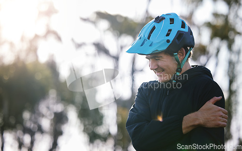 Image of Man, cycling and outdoor with shoulder pain and injury from fitness and mountain exercise training. Athlete, arm muscle and sport accident fail with a person in nature for workout with problem