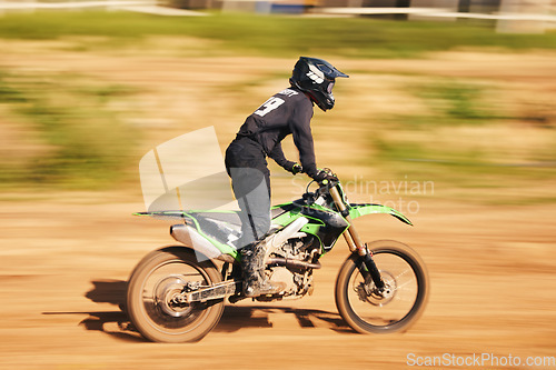 Image of Off road, motorcycle and man in the countryside for fitness, adrenaline and speed training outdoor. Sports, bike and male driver on motorbike with freedom, performance and moto hobby stunt in nature