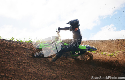 Image of Sports, stop and man on motorcycle with freedom, energy and power stunt in the countryside for training challenge. Off road, brake and male driver with motorbike for speed, performance or Moto action