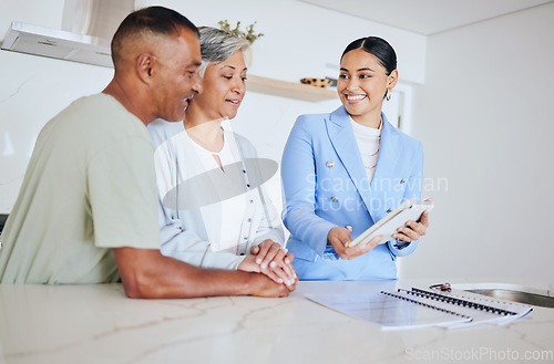 Image of Senior couple, realtor and tablet in new home, show and presentation with property investment for retirement. Happy elderly woman, man and agent for real estate, documents and negotiation in house