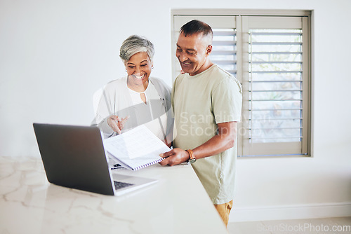 Image of Happy couple, senior and documents on laptop for new home, investment or finance together. Elderly man and woman smile in happiness on computer for financial house insurance, real estate or mortgage