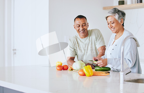 Image of Space, health and cooking with old couple in kitchen for food, lunch and helping. Wellness, nutrition and diet with senior man and woman cutting vegetables at home for retirement, dinner and mockup