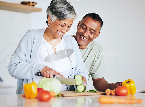 Image of Love, health and cooking with old couple in kitchen for food, lunch and helping. Wellness, nutrition and diet with senior man and woman cutting vegetables at home for retirement, dinner and relax