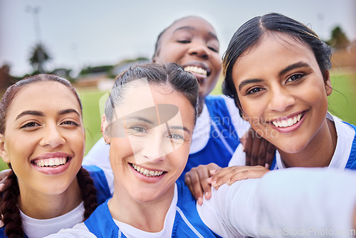 Image of Hockey selfie, women and portrait on a field for sports, teamwork or training together. Smile, collaboration and an athlete group taking a picture at a park for a game, match or competition memory