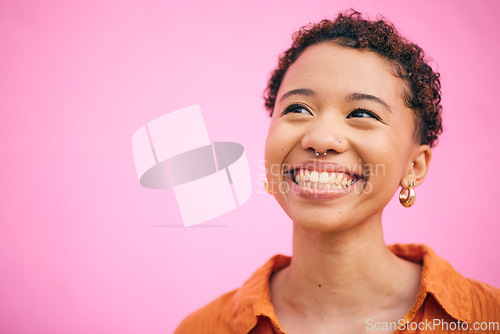 Image of Thinking, woman and happy in studio with mockup space, gen z style and fashion. Pink background, female person and vision of future with idea and excited with modern, trendy and student clothing