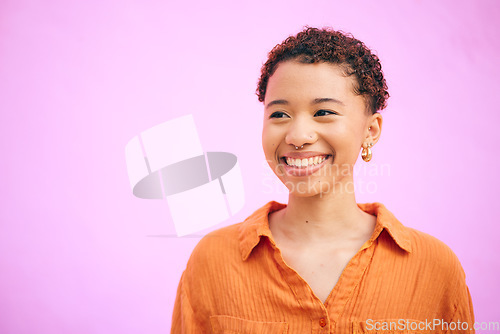 Image of Happy, thinking woman and smile in studio excited with confidence feeling cute. Pink background, young face and African female person with trendy, modern girl and student fashion with gen z glow