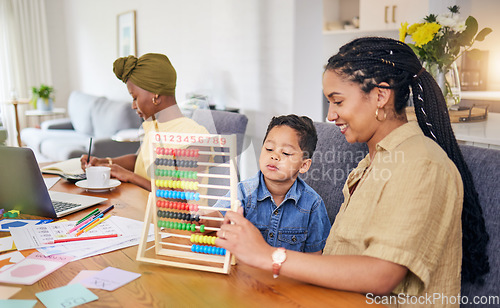 Image of Child, homework help and math with mom in home with counting on abacus for development growth. Young boy, student and school work for education and learning at a house with mother teaching for study