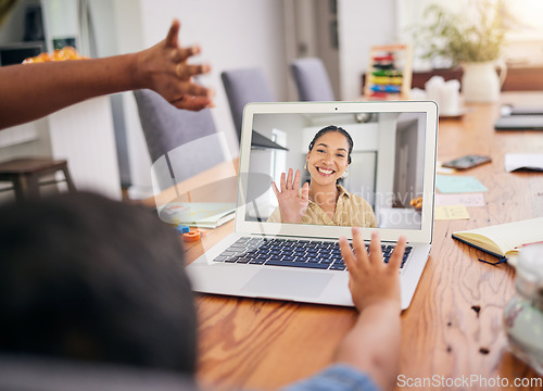 Image of Wave, video call and child with woman teacher at home with education, e learning and teaching. Live streaming, hello and welcome of a female professional in kid webinar with smile in a house